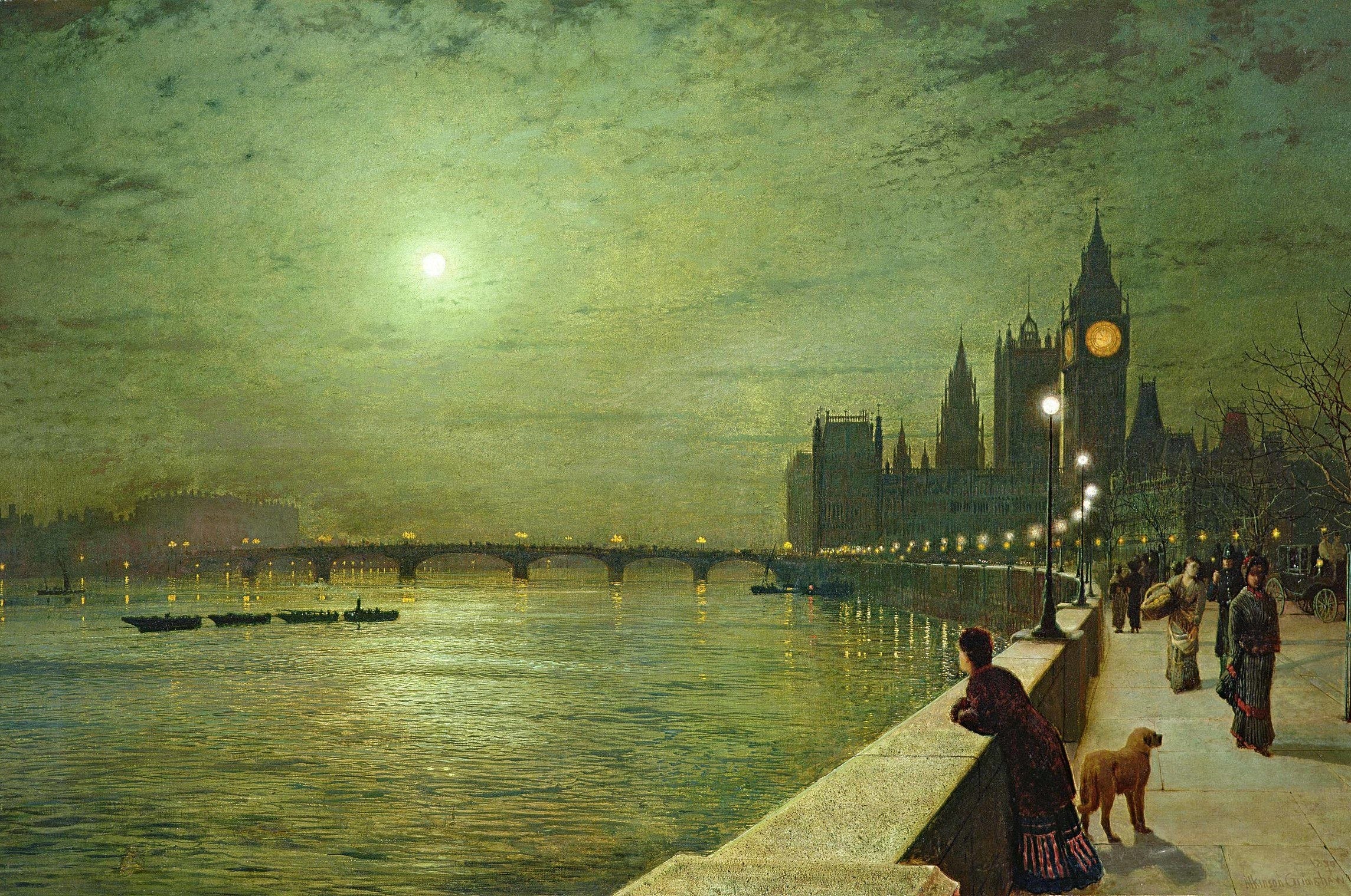A moonlit river, a bridge, and the warm lights of a city at dusk.