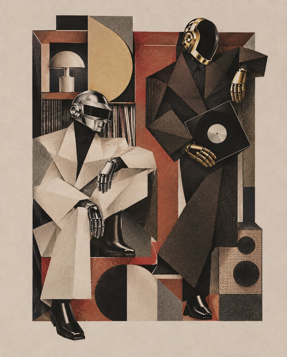 Two angular figures with metallic helmets, a vinyl record, and a speaker.
