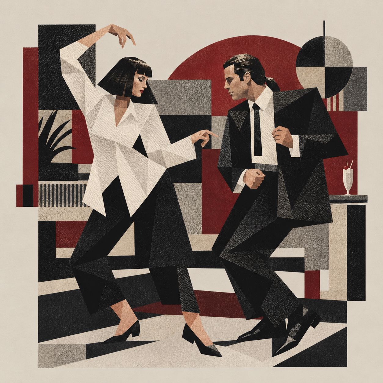 Two figures dancing in an angular composition of cream, red, and black.