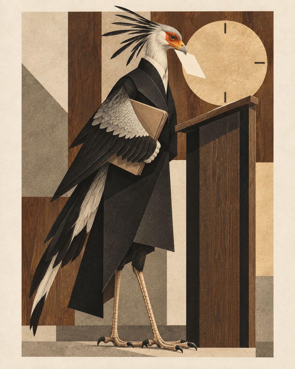 A secretary bird dressed in a dark suit, holding a book beside a golden clock.